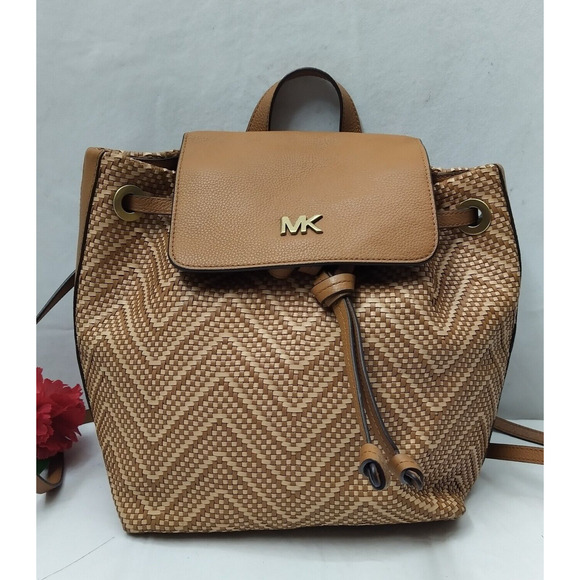 Michael Kors Junie Brown Chevron Woven Leather Drawstring Flap Closure Backpack - Picture 1 of 16